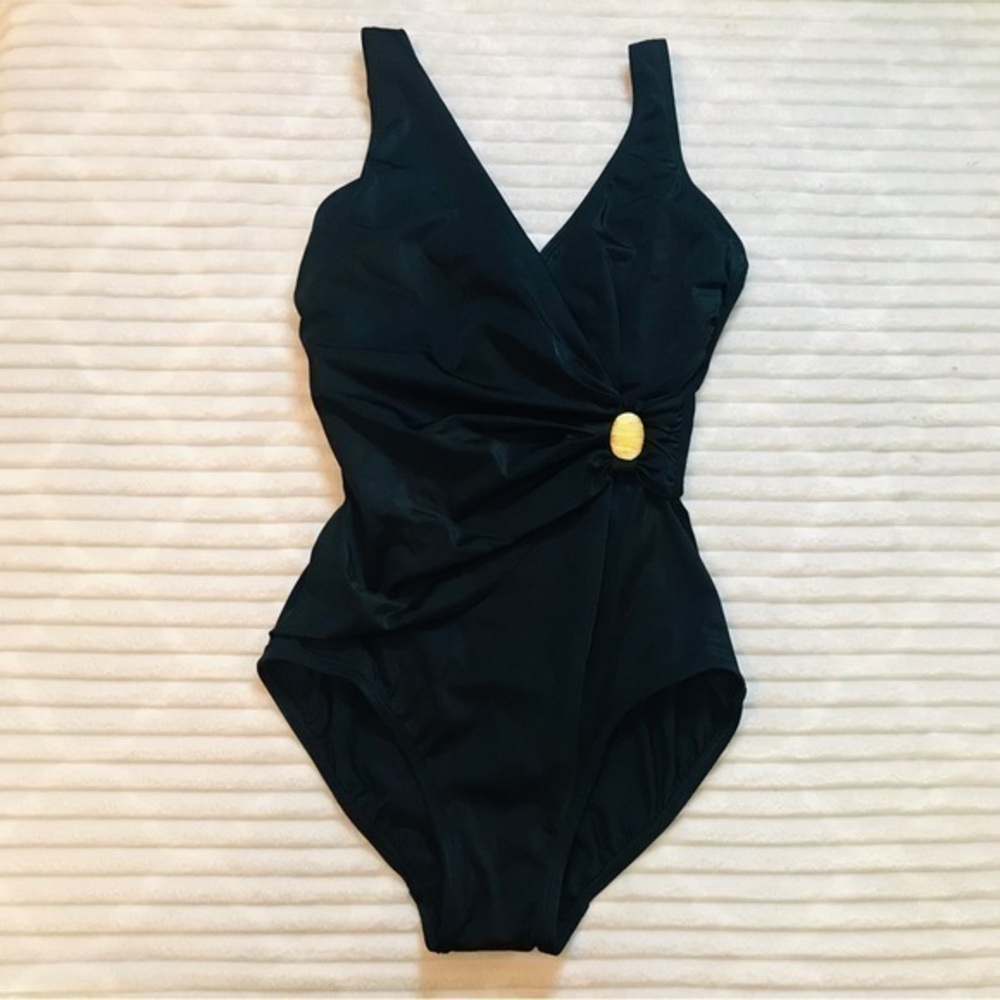 Roxanne Bra Sized Swimsuit Black Plunge Belted Underwire Tummy Control 8 32D